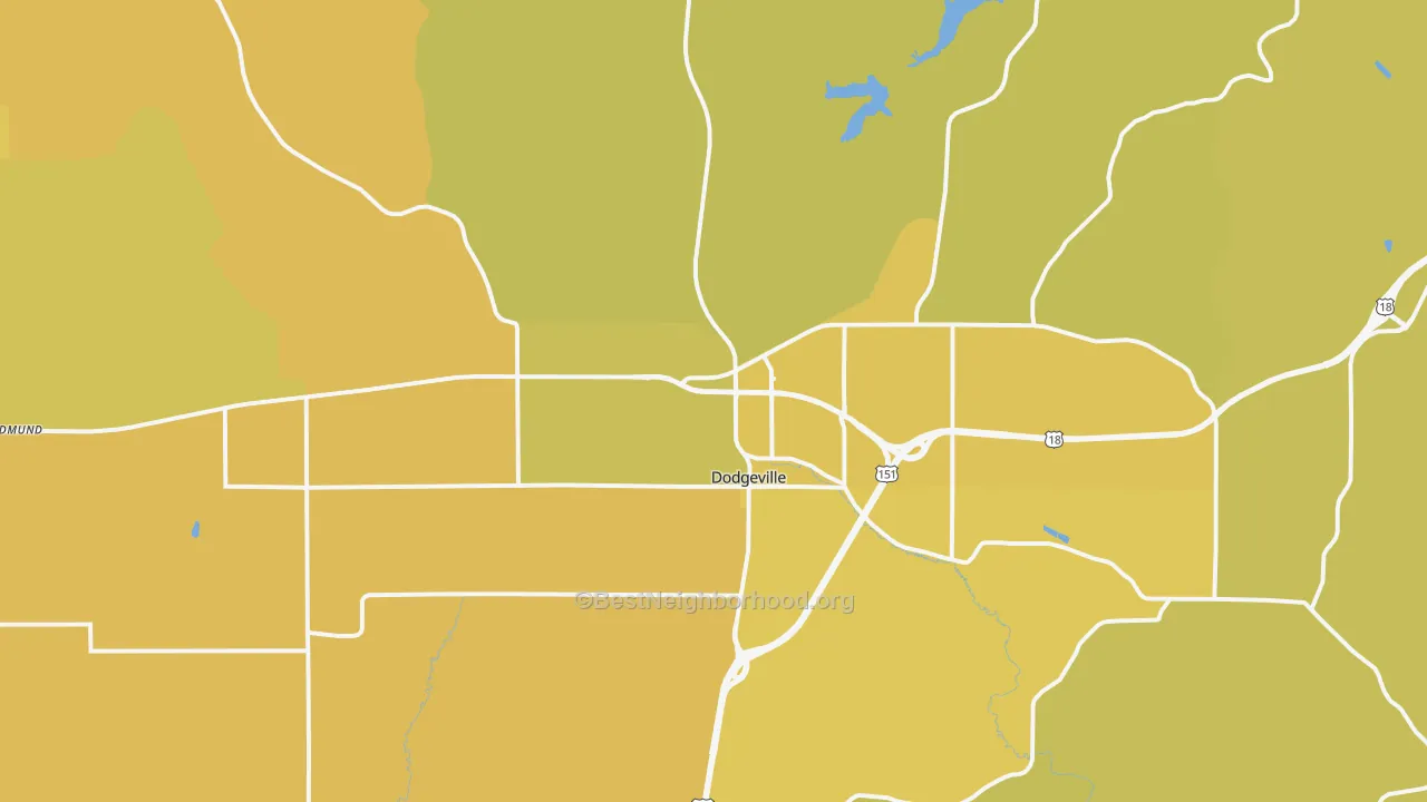 Map of the best neighborhoods in the 53533 area, with better matches in green and worse matches in red