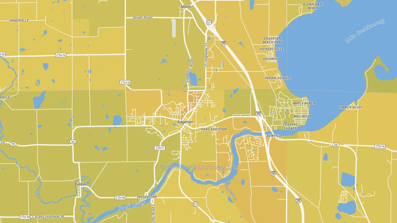 Map of the best neighborhoods in the 53534 area, with better matches in green and worse matches in red