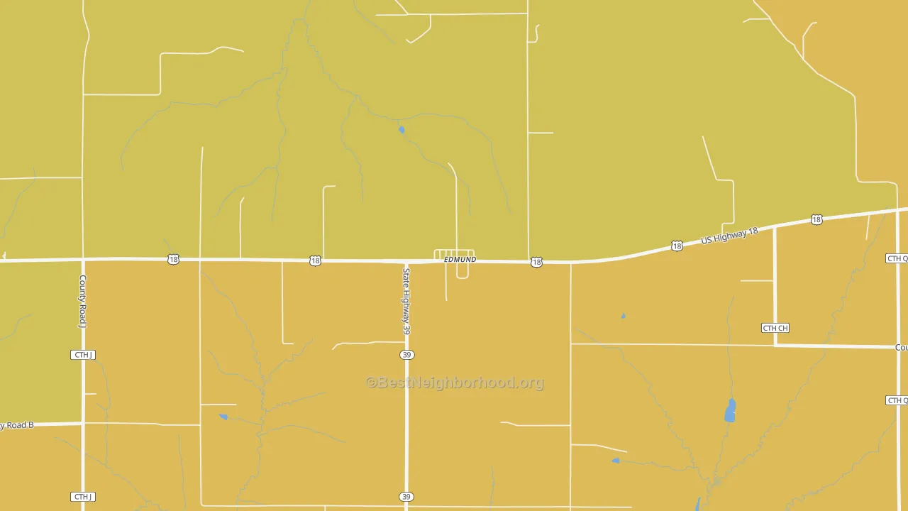 Map of the best neighborhoods in the 53535 area, with better matches in green and worse matches in red