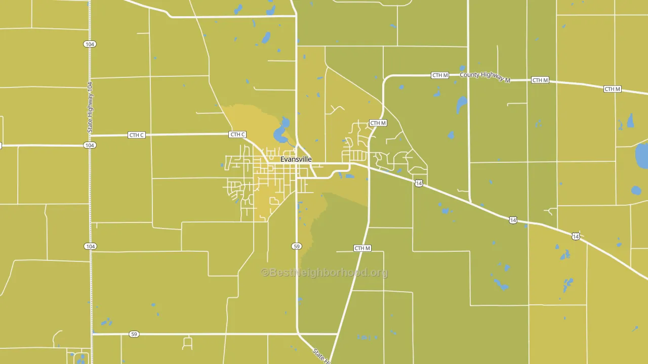 Map of the best neighborhoods in the 53536 area, with better matches in green and worse matches in red