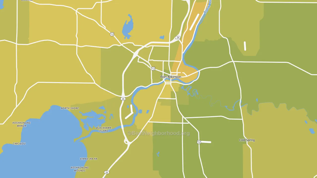 Map of the best neighborhoods in the 53538 area, with better matches in green and worse matches in red