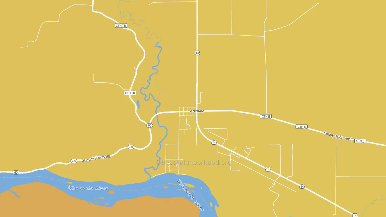 Map of the best neighborhoods in the 53540 area, with better matches in green and worse matches in red