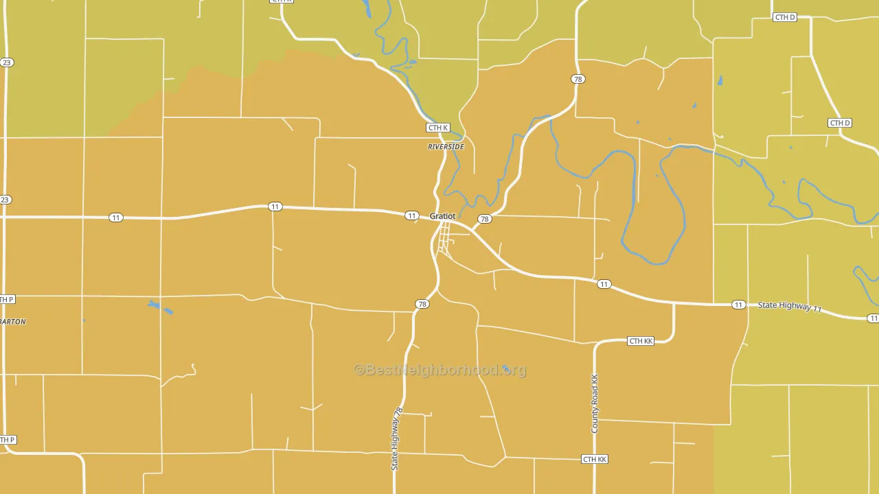 Map of the best neighborhoods in the 53541 area, with better matches in green and worse matches in red