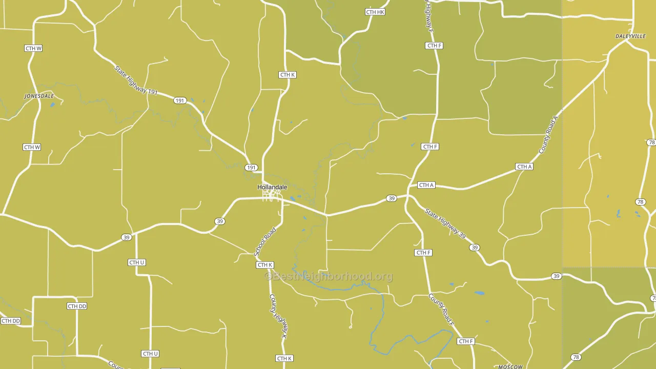 Map of the best neighborhoods in the 53544 area, with better matches in green and worse matches in red