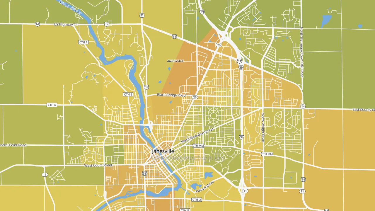 Map of the best neighborhoods in the 53545 area, with better matches in green and worse matches in red