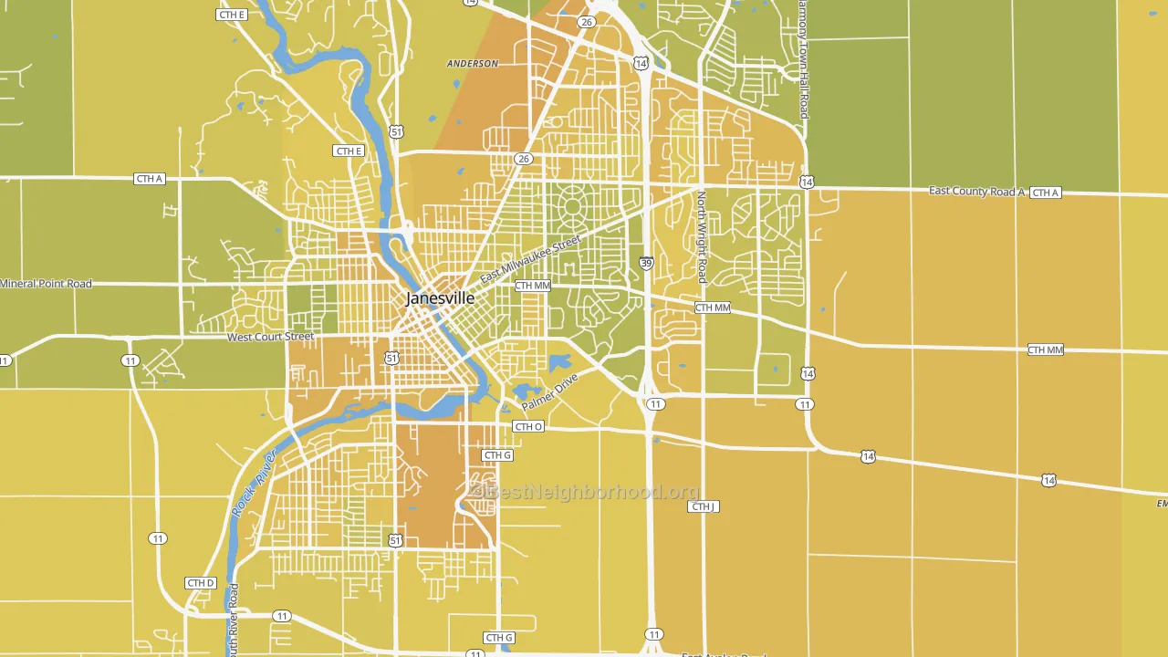 Map of the best neighborhoods in the 53546 area, with better matches in green and worse matches in red