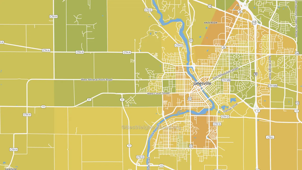 Map of the best neighborhoods in the 53548 area, with better matches in green and worse matches in red