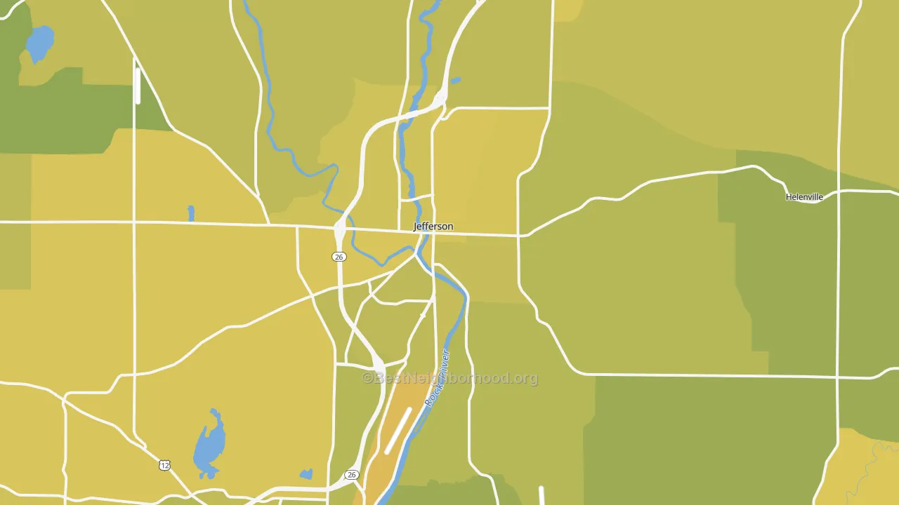 Map of the best neighborhoods in the 53549 area, with better matches in green and worse matches in red
