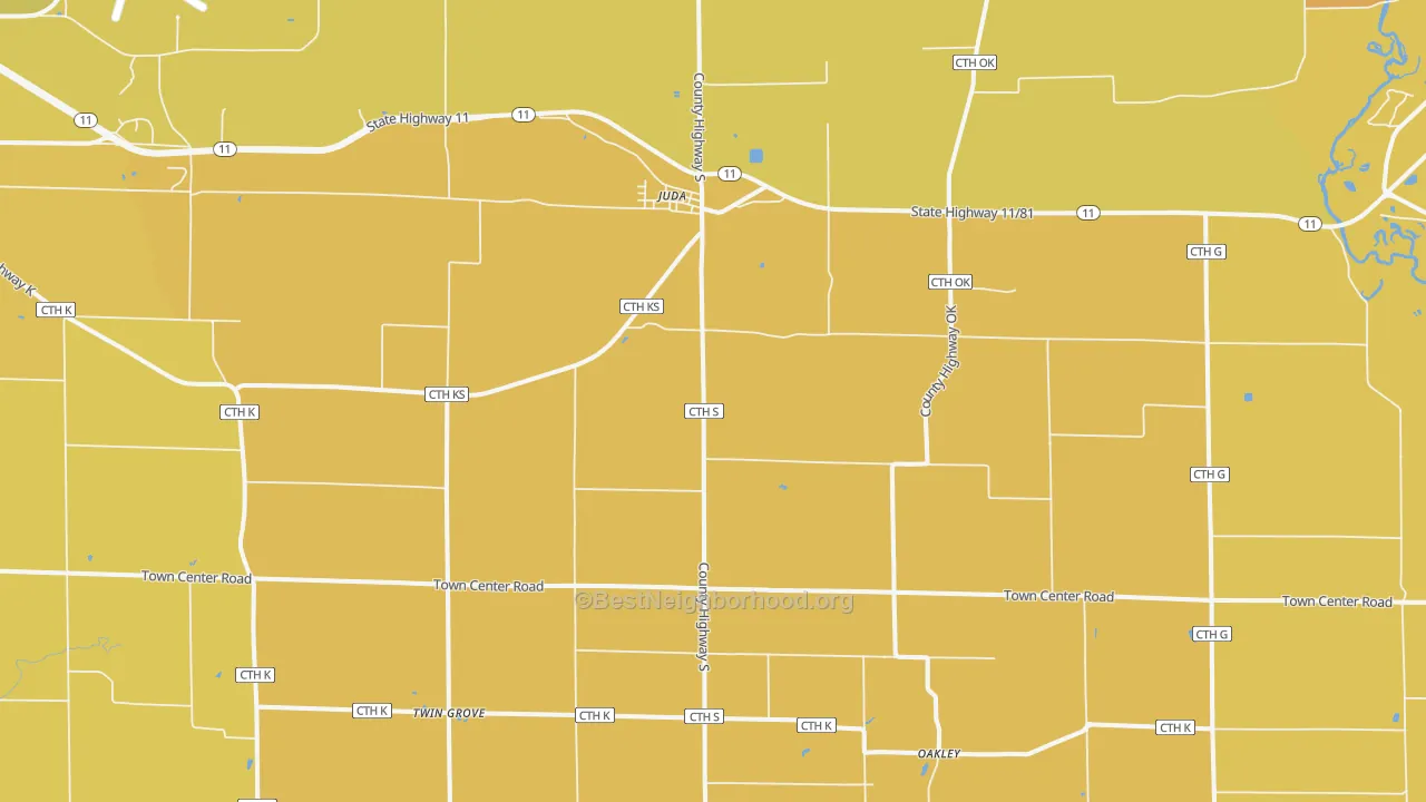 Map of the best neighborhoods in the 53550 area, with better matches in green and worse matches in red