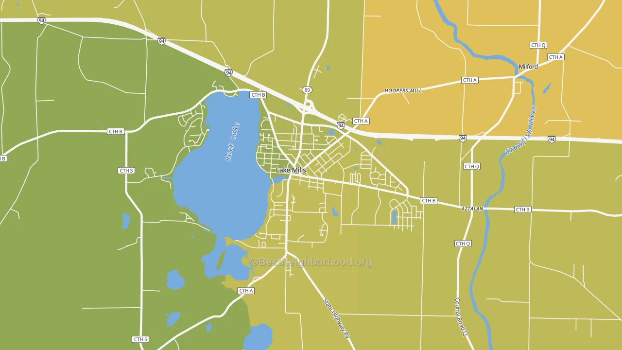 Map of the best neighborhoods in the 53551 area, with better matches in green and worse matches in red