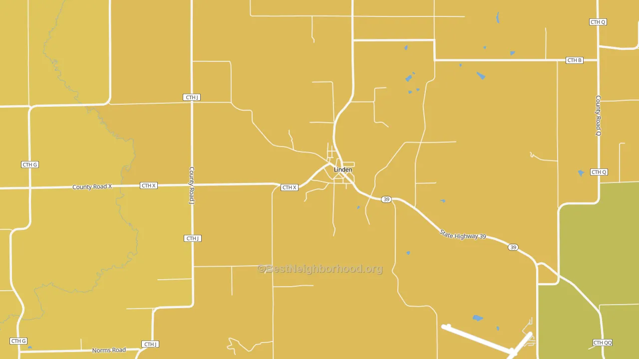 Map of the best neighborhoods in the 53553 area, with better matches in green and worse matches in red