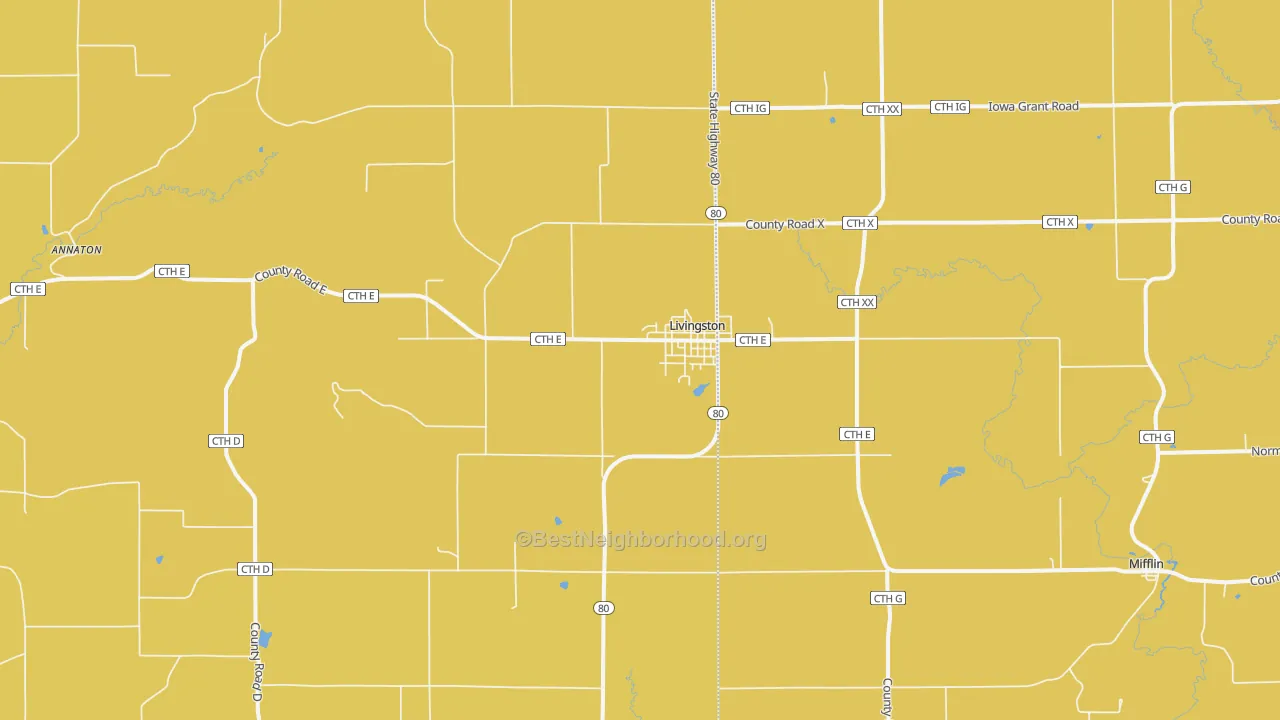Map of the best neighborhoods in the 53554 area, with better matches in green and worse matches in red