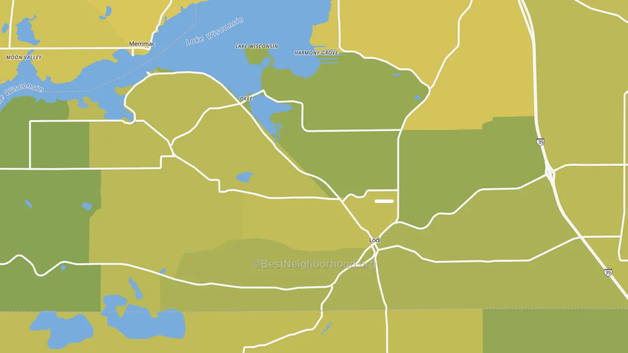 Map of the best neighborhoods in the 53555 area, with better matches in green and worse matches in red