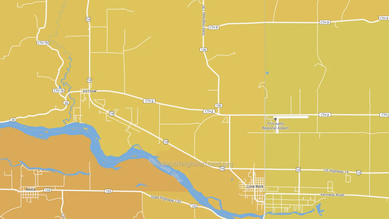 Map of the best neighborhoods in the 53556 area, with better matches in green and worse matches in red