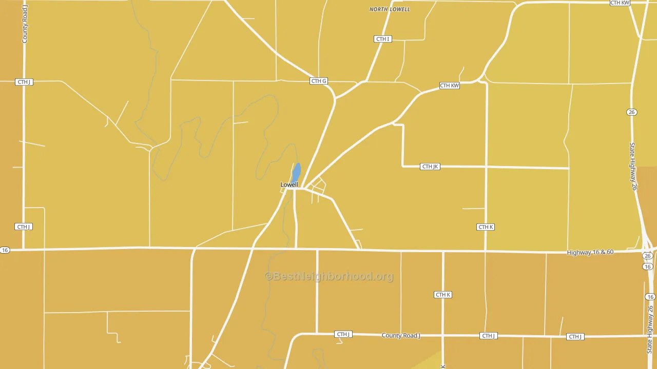 Map of the best neighborhoods in the 53557 area, with better matches in green and worse matches in red