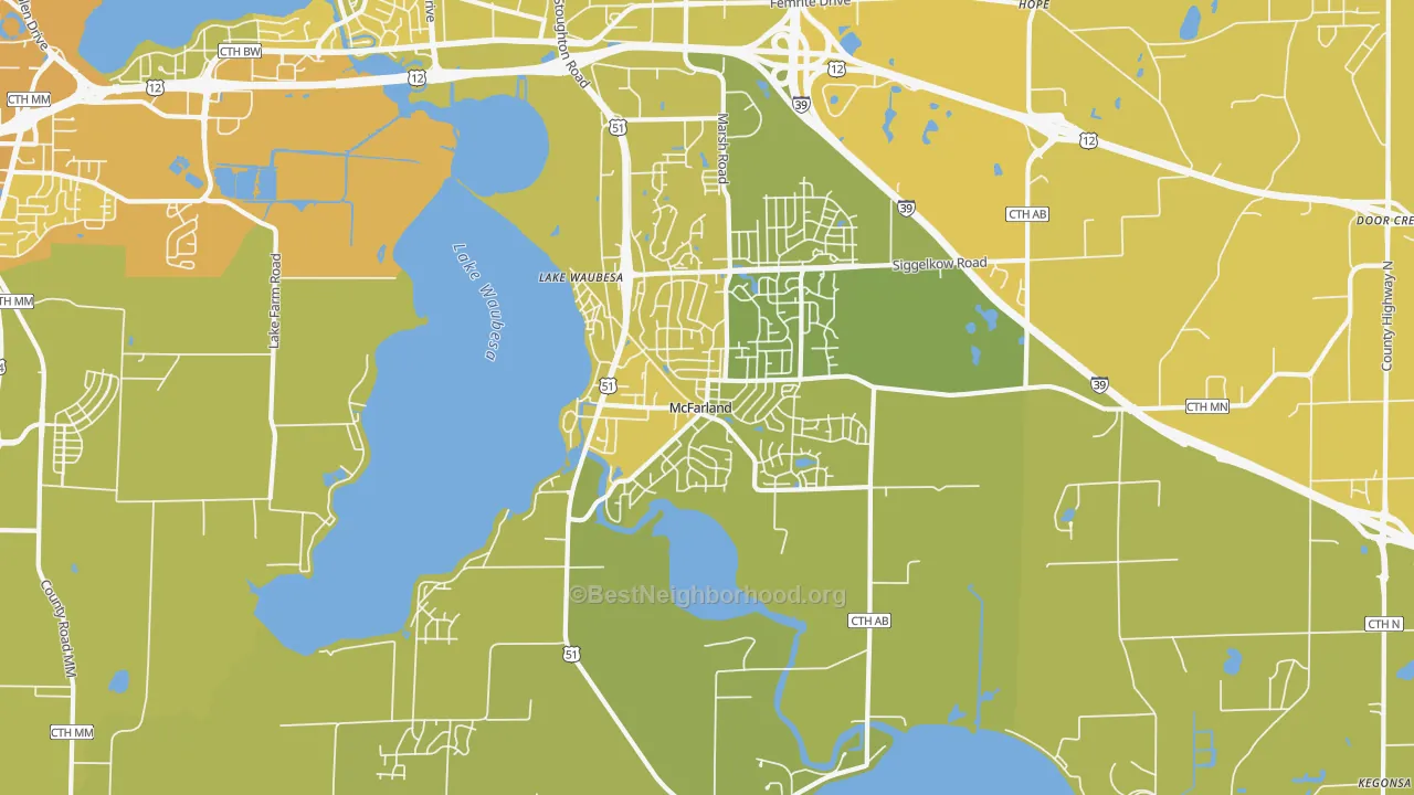 Map of the best neighborhoods in the 53558 area, with better matches in green and worse matches in red