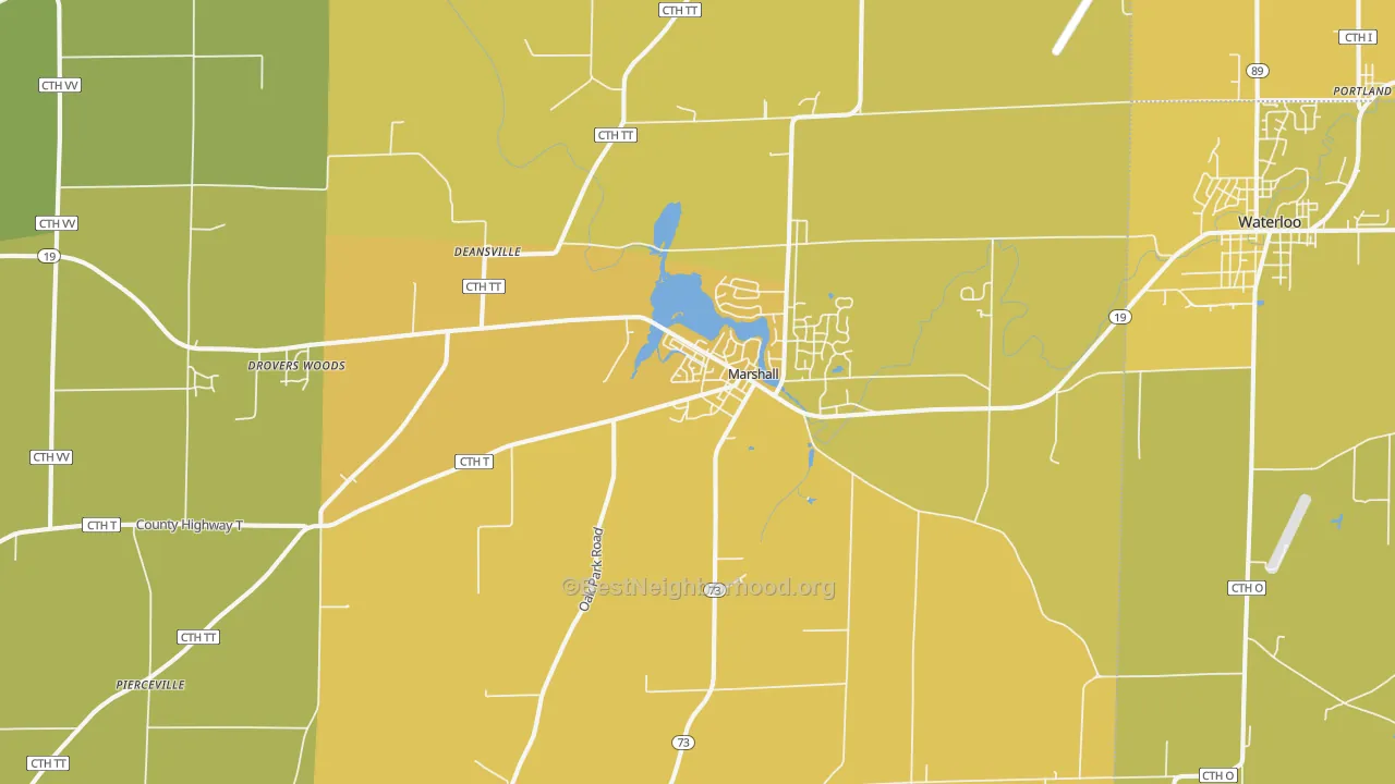 Map of the best neighborhoods in the 53559 area, with better matches in green and worse matches in red
