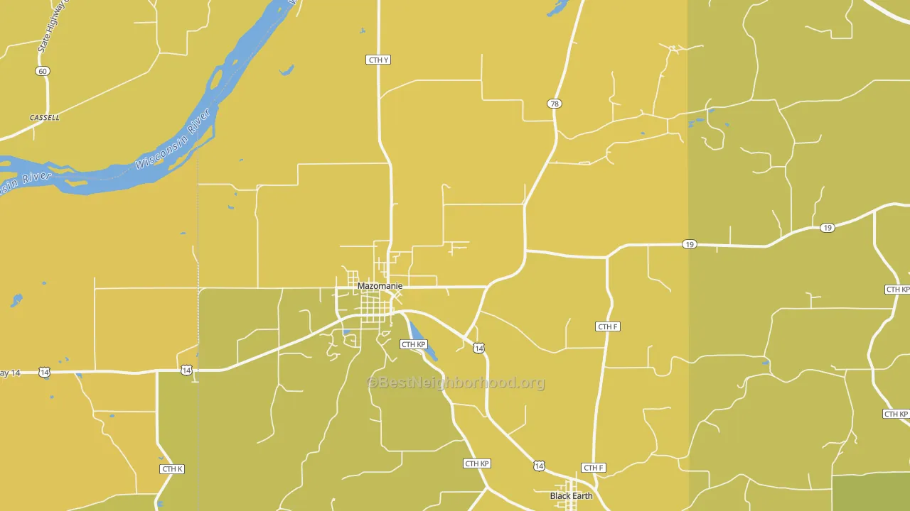 Map of the best neighborhoods in the 53560 area, with better matches in green and worse matches in red
