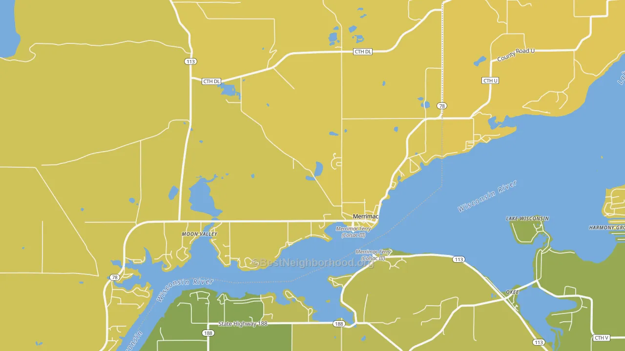 Map of the best neighborhoods in the 53561 area, with better matches in green and worse matches in red