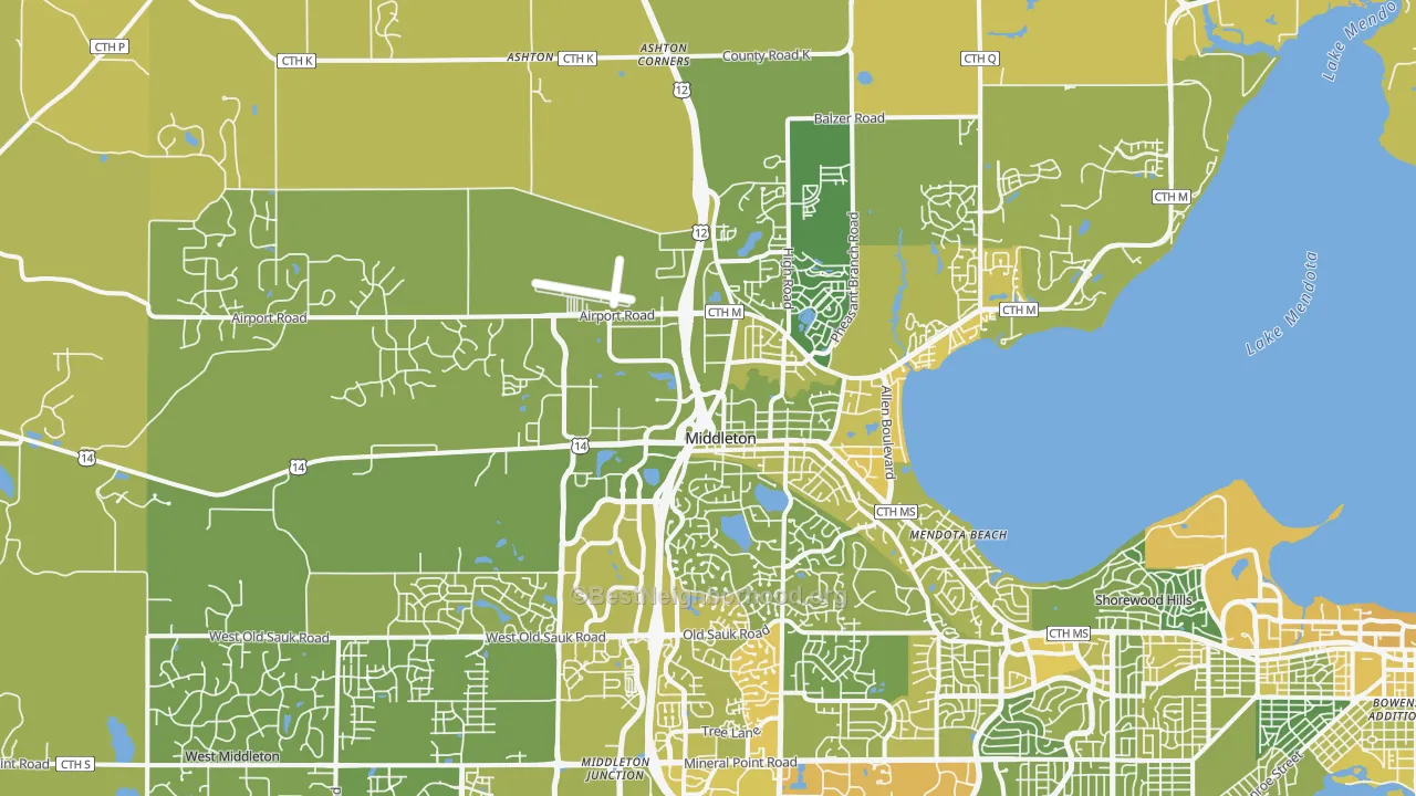 Map of the best neighborhoods in the 53562 area, with better matches in green and worse matches in red