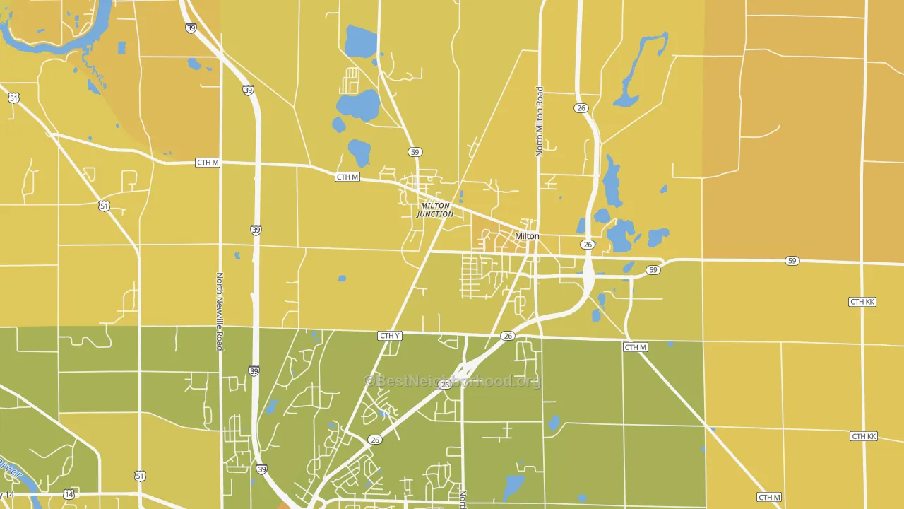 Map of the best neighborhoods in the 53563 area, with better matches in green and worse matches in red