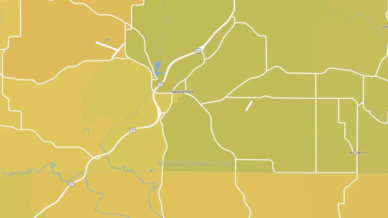 Map of the best neighborhoods in the 53565 area, with better matches in green and worse matches in red
