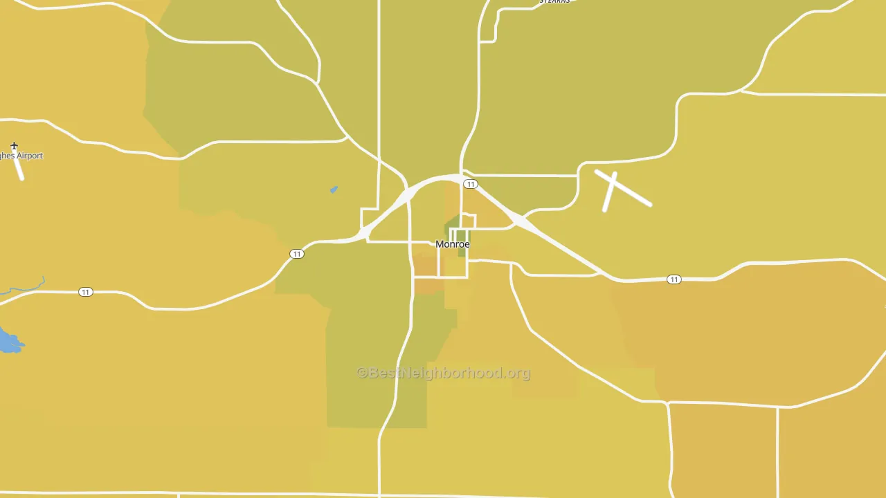 Map of the best neighborhoods in the 53566 area, with better matches in green and worse matches in red