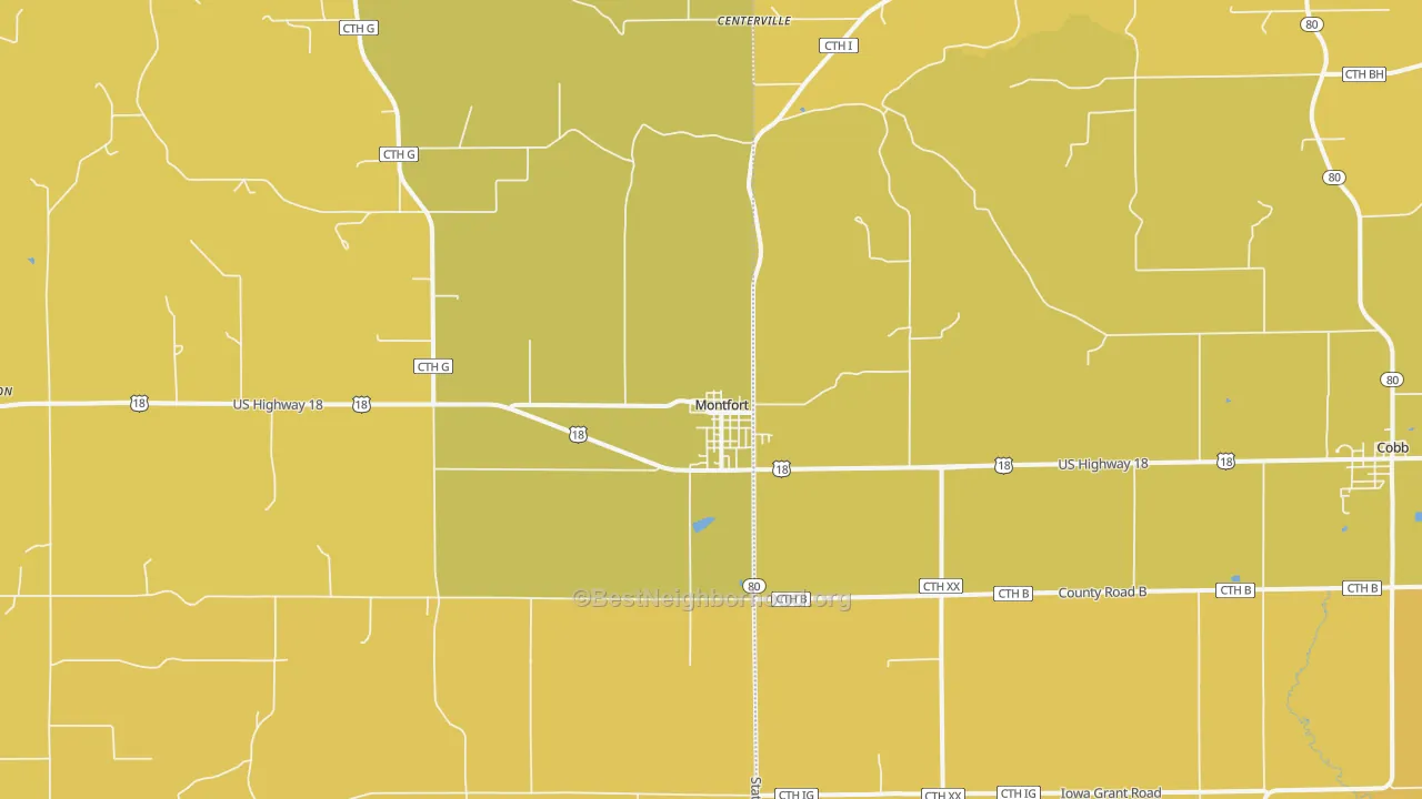 Map of the best neighborhoods in the 53569 area, with better matches in green and worse matches in red