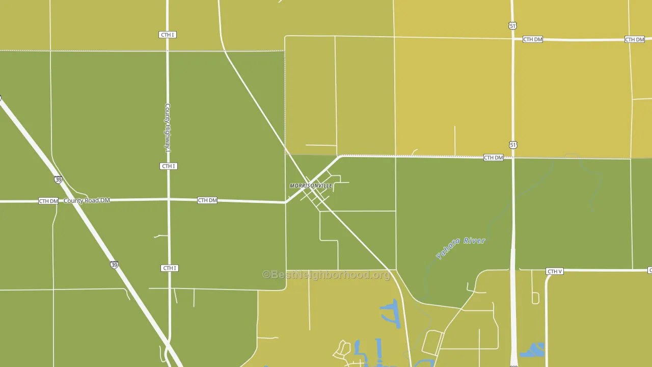 Map of the best neighborhoods in the 53571 area, with better matches in green and worse matches in red