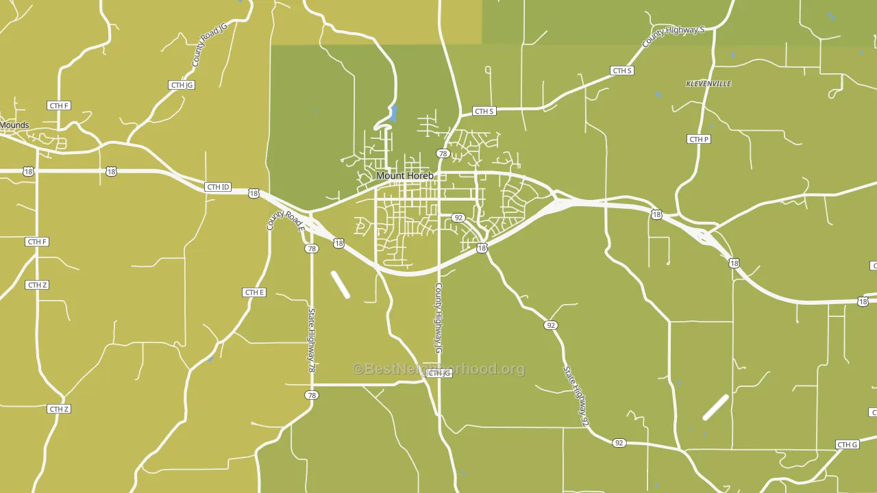 Map of the best neighborhoods in the 53572 area, with better matches in green and worse matches in red