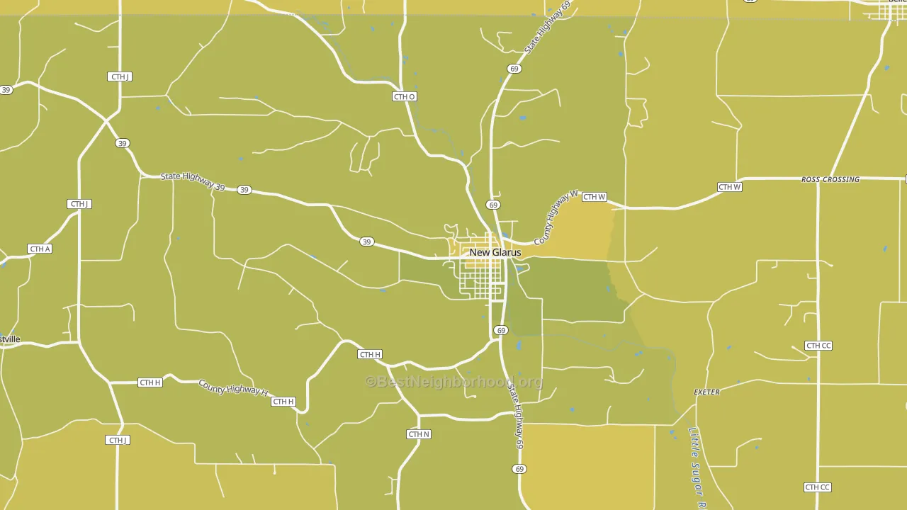Map of the best neighborhoods in the 53574 area, with better matches in green and worse matches in red
