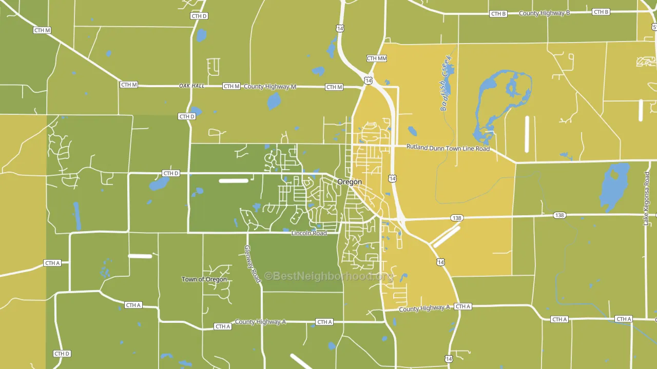 Map of the best neighborhoods in the 53575 area, with better matches in green and worse matches in red