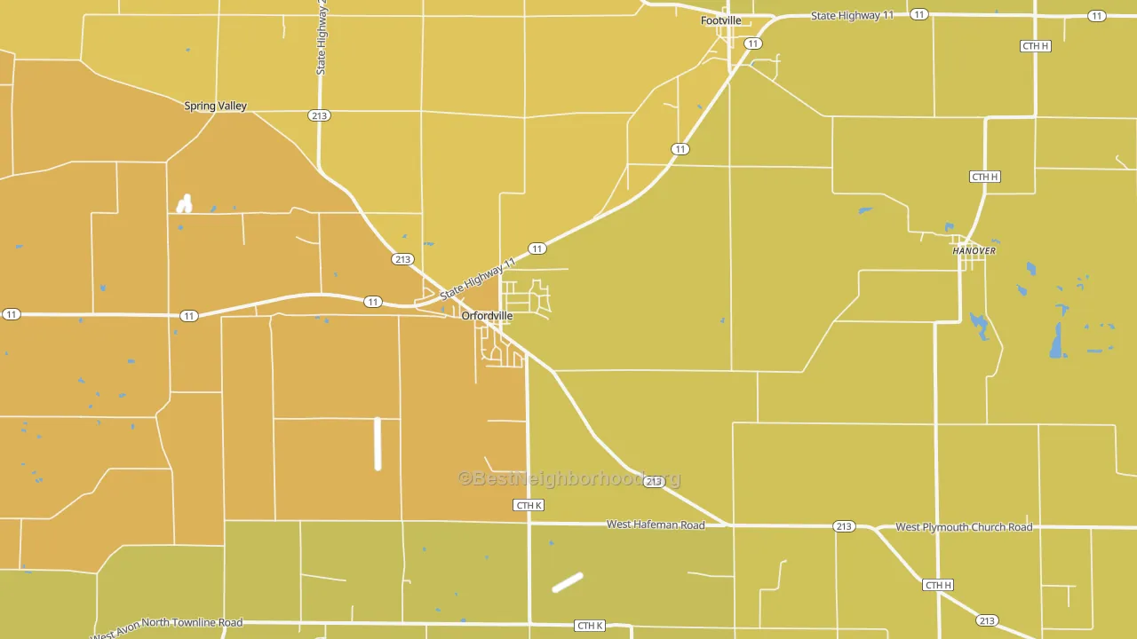 Map of the best neighborhoods in the 53576 area, with better matches in green and worse matches in red