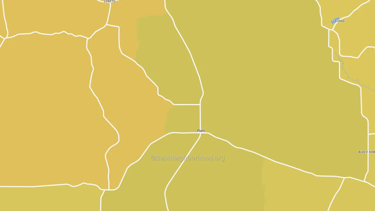 Map of the best neighborhoods in the 53577 area, with better matches in green and worse matches in red