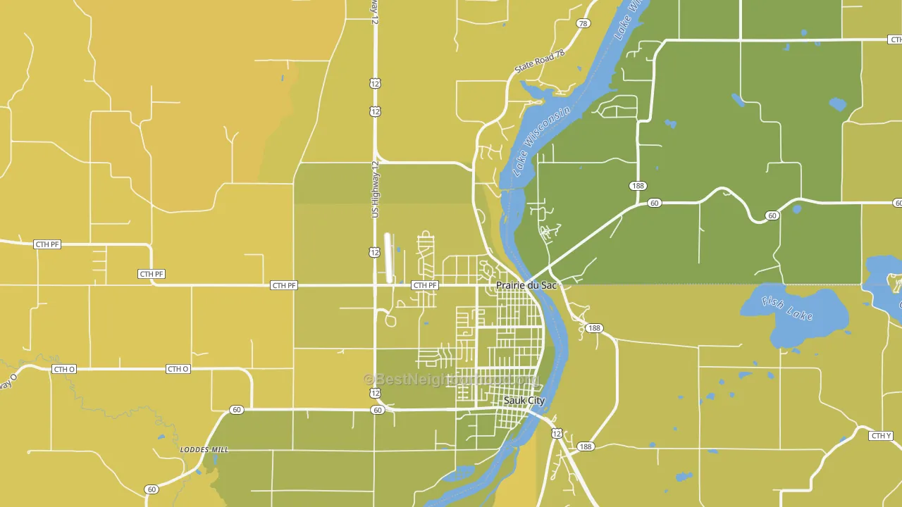 Map of the best neighborhoods in the 53578 area, with better matches in green and worse matches in red