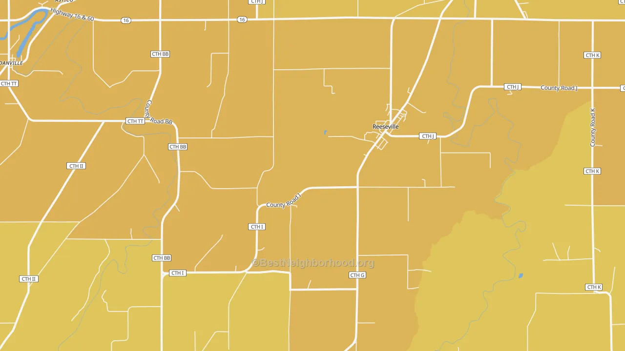Map of the best neighborhoods in the 53579 area, with better matches in green and worse matches in red