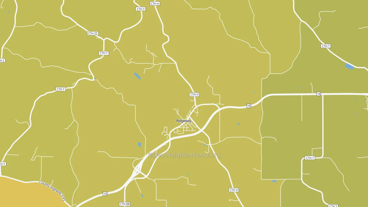 Map of the best neighborhoods in the 53582 area, with better matches in green and worse matches in red