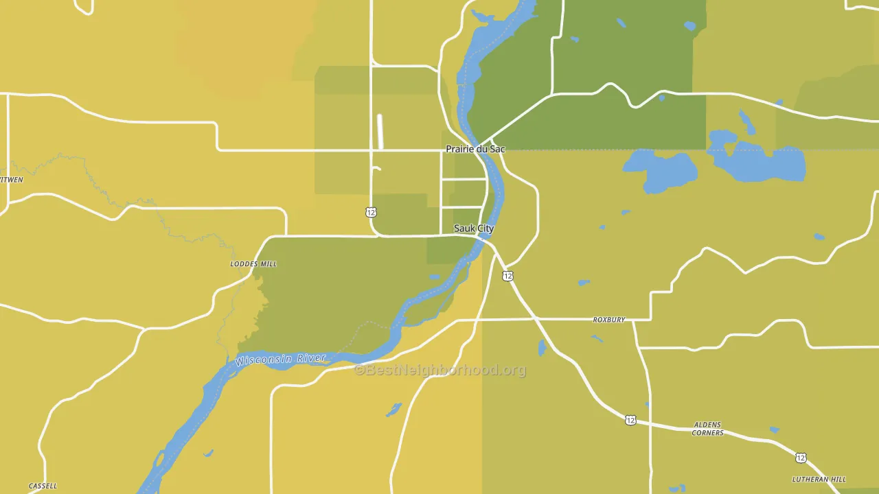 Map of the best neighborhoods in the 53583 area, with better matches in green and worse matches in red