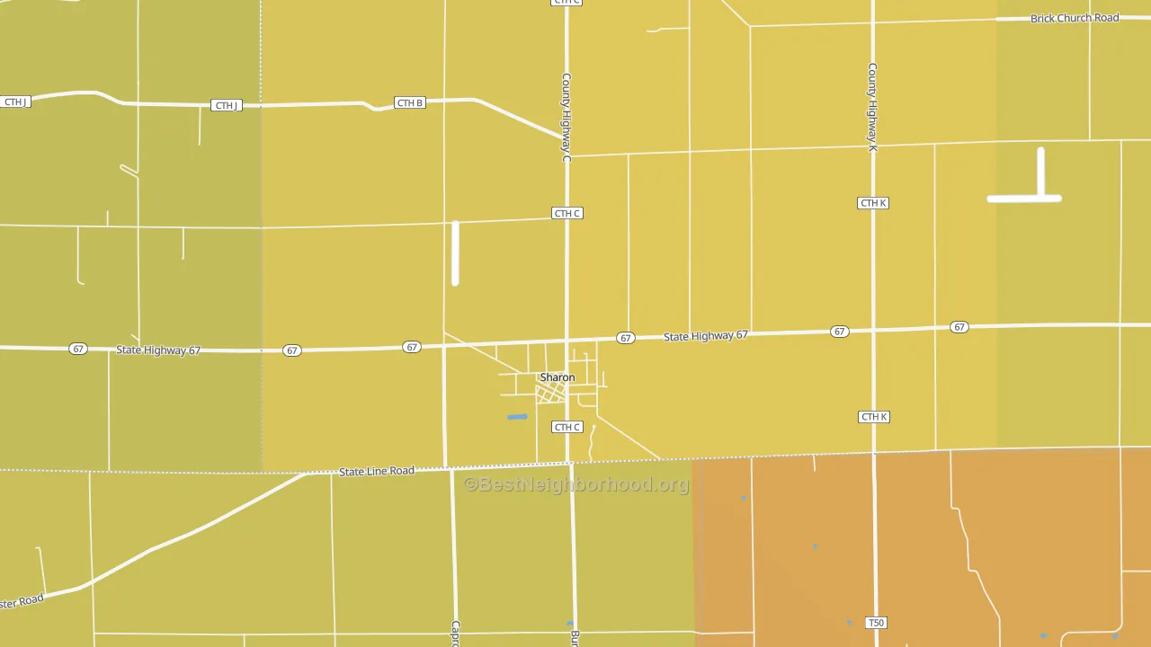 Map of the best neighborhoods in the 53585 area, with better matches in green and worse matches in red