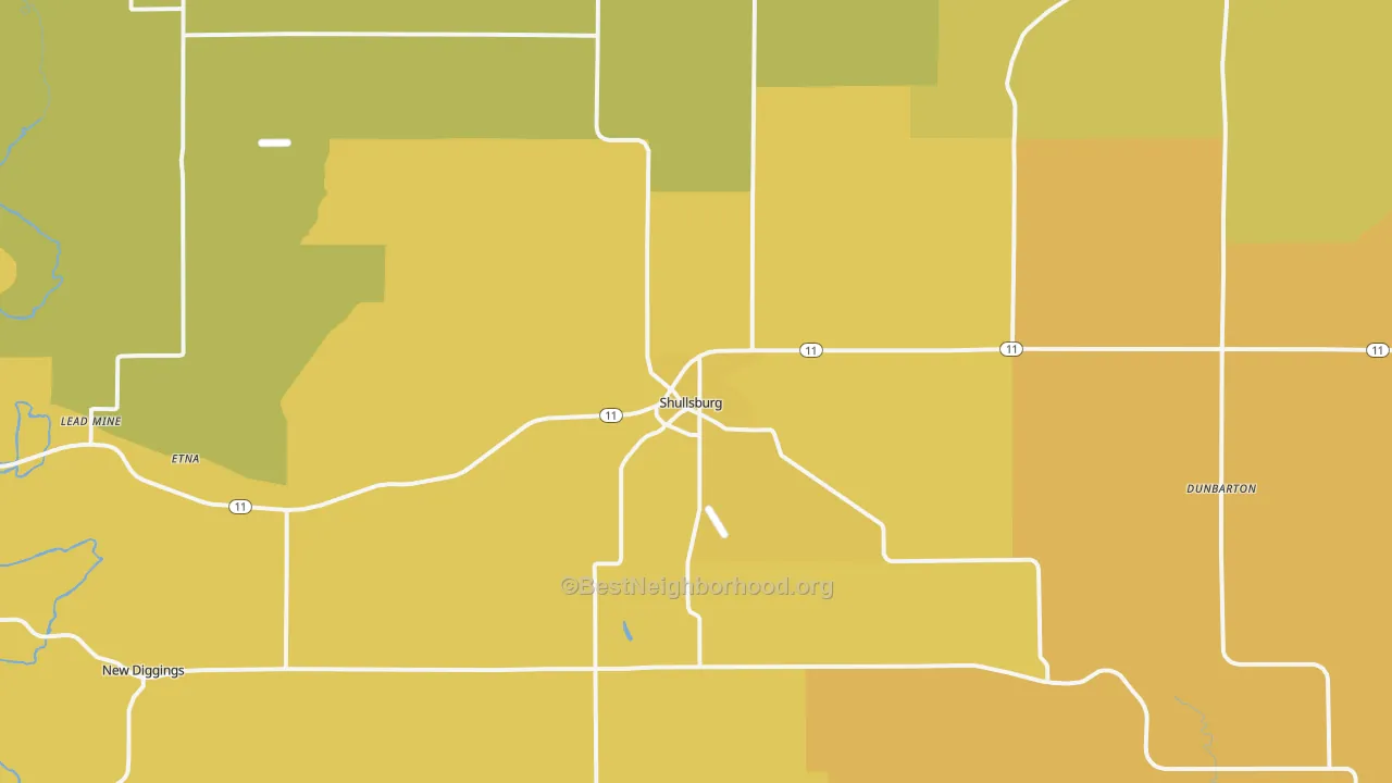 Map of the best neighborhoods in the 53586 area, with better matches in green and worse matches in red