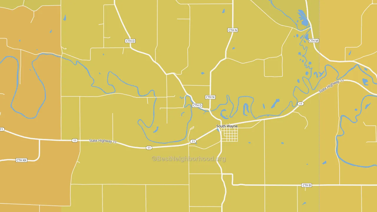 Map of the best neighborhoods in the 53587 area, with better matches in green and worse matches in red