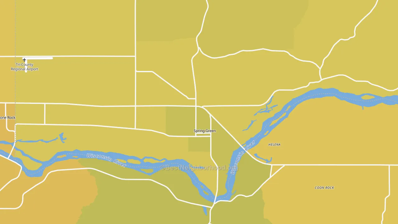 Map of the best neighborhoods in the 53588 area, with better matches in green and worse matches in red