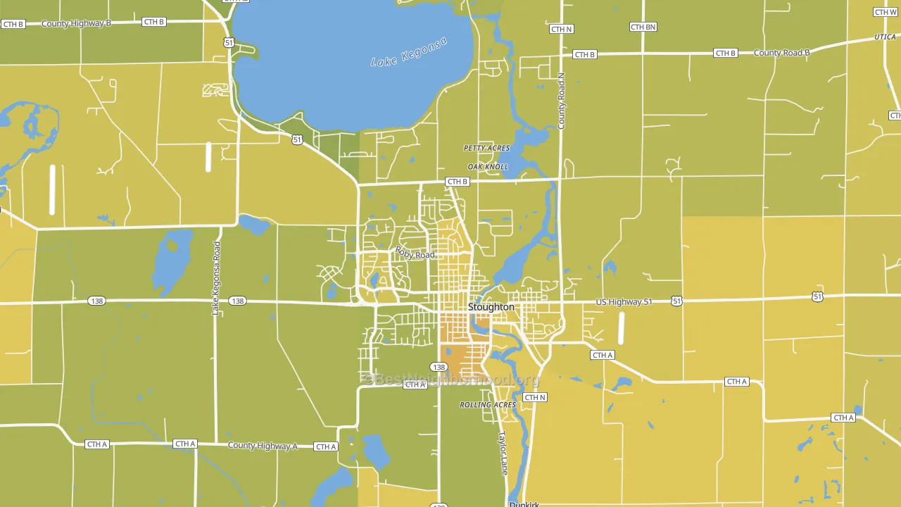 Map of the best neighborhoods in the 53589 area, with better matches in green and worse matches in red