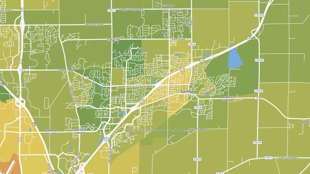 Map of the best neighborhoods in the 53590 area, with better matches in green and worse matches in red