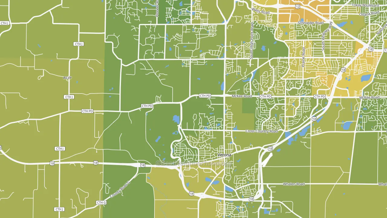 Map of the best neighborhoods in the 53593 area, with better matches in green and worse matches in red