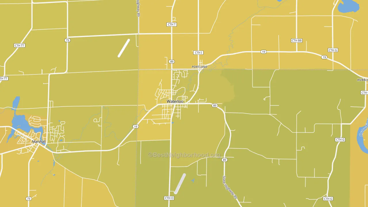 Map of the best neighborhoods in the 53594 area, with better matches in green and worse matches in red