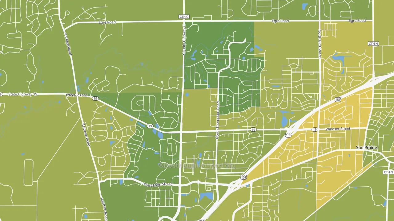Map of the best neighborhoods in the 53596 area, with better matches in green and worse matches in red