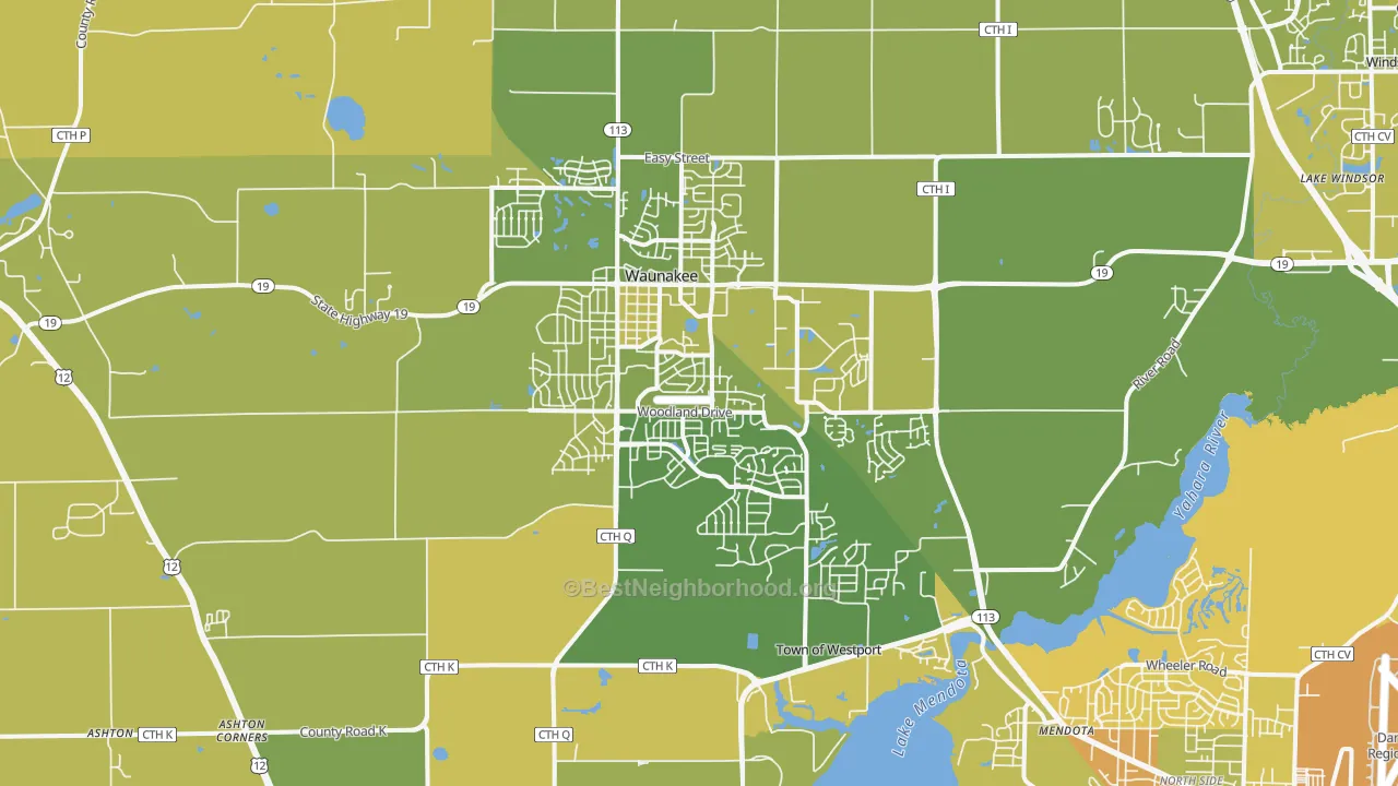 Map of the best neighborhoods in the 53597 area, with better matches in green and worse matches in red