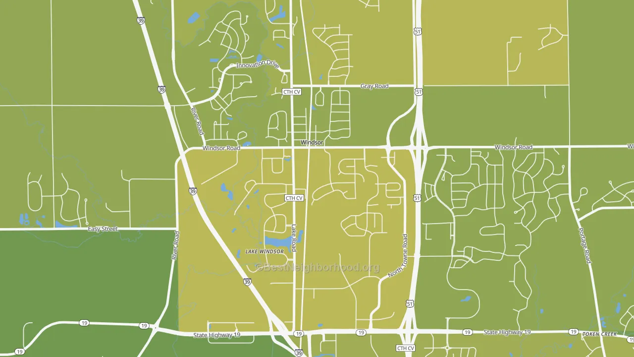 Map of the best neighborhoods in the 53598 area, with better matches in green and worse matches in red