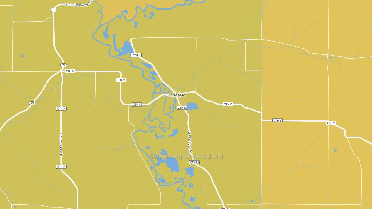 Map of the best neighborhoods in the 53599 area, with better matches in green and worse matches in red